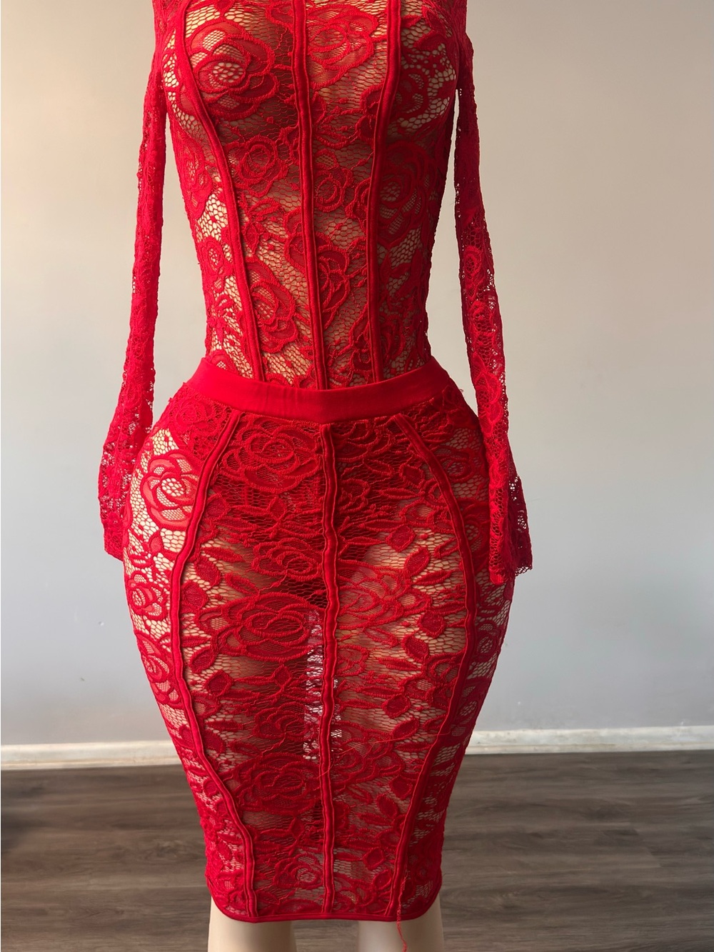 Red Lace Bodycon Dress - Women's Elegant Sheer Cocktail Dress
